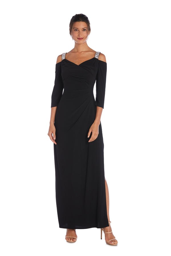 R&m Richards Cold Shoulder Gown With Rhinestone Detail Straps - Petite