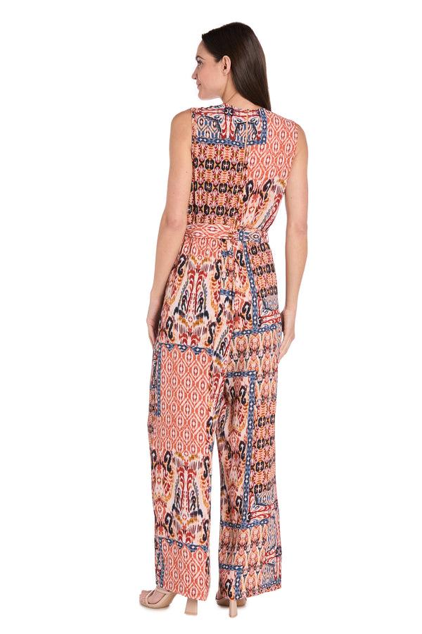 R&m Richards Copper & Denim Patterned Cross-Over Jumpsuit