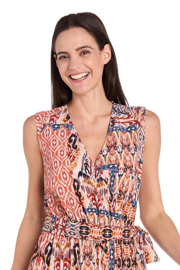 R&m Richards Copper & Denim Patterned Cross-Over Jumpsuit