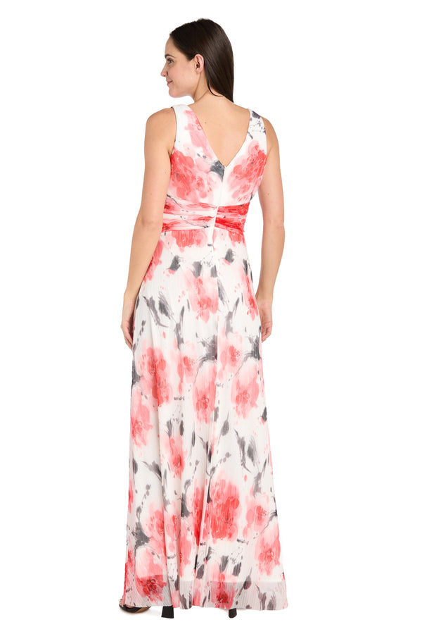 R&m Richards Coral And Ivory Chiffon Maxi Dress With Nude V-Neck Insert