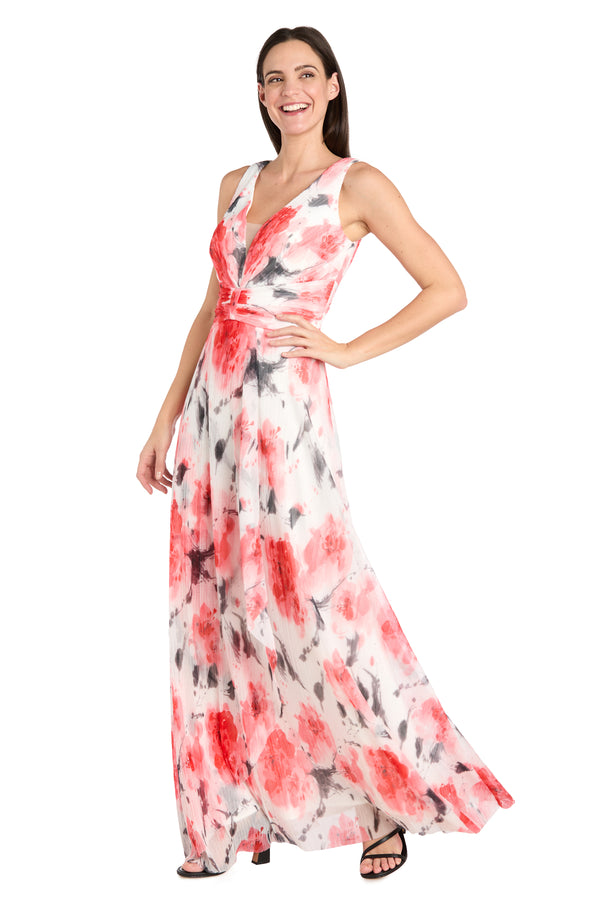 R&m Richards Coral And Ivory Chiffon Maxi Dress With Nude V-Neck Insert