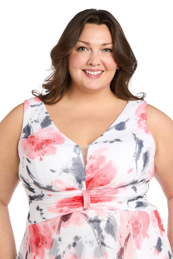 R&m Richards Coral And Ivory Chiffon Maxi Dress With Nude V-Neck Insert - Plus