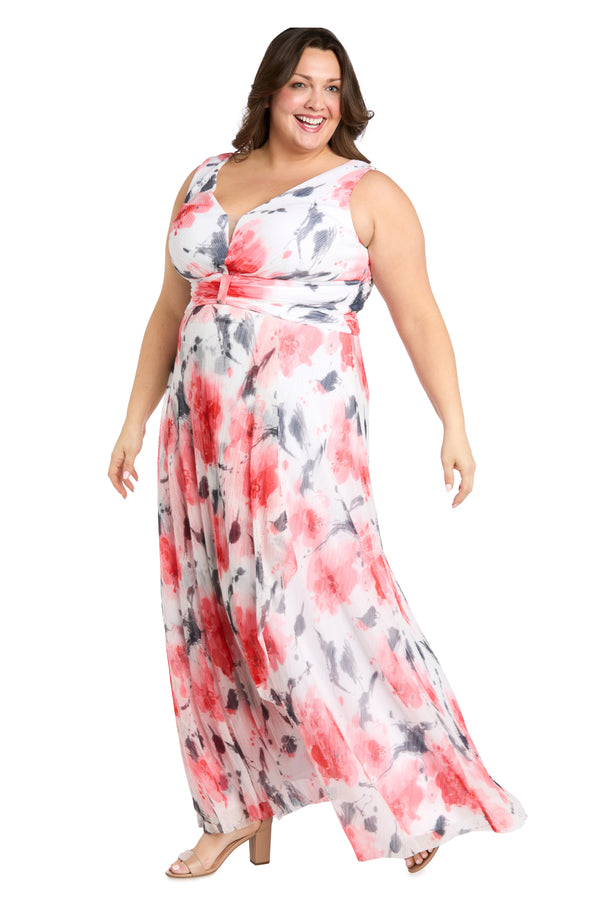 R&m Richards Coral And Ivory Chiffon Maxi Dress With Nude V-Neck Insert - Plus