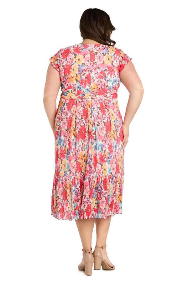 R&m Richards Coral Floral Midi Dress With V-Neckline And Ruffled Sleeveless Straps - Plus