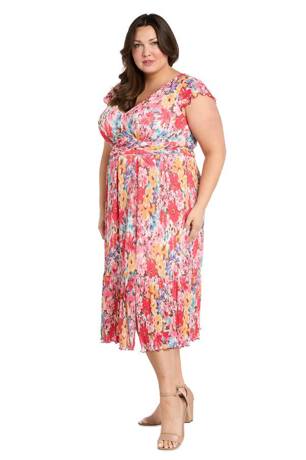 R&m Richards Coral Floral Midi Dress With V-Neckline And Ruffled Sleeveless Straps - Plus