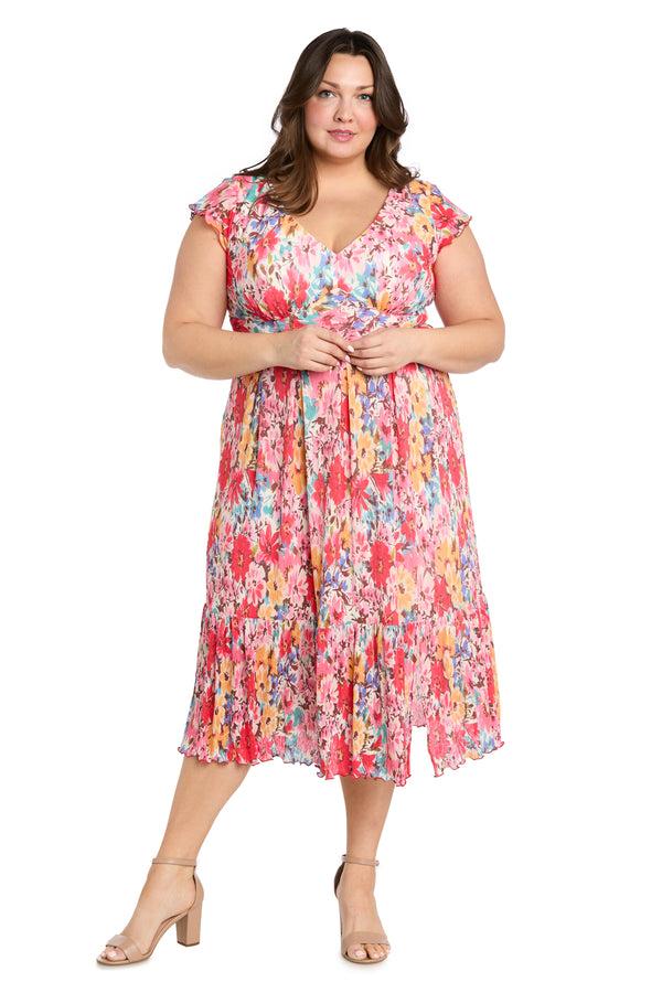 r&m richards Coral Floral Midi Dress with V-Neckline and Ruffled Sleeveless Straps - Plus