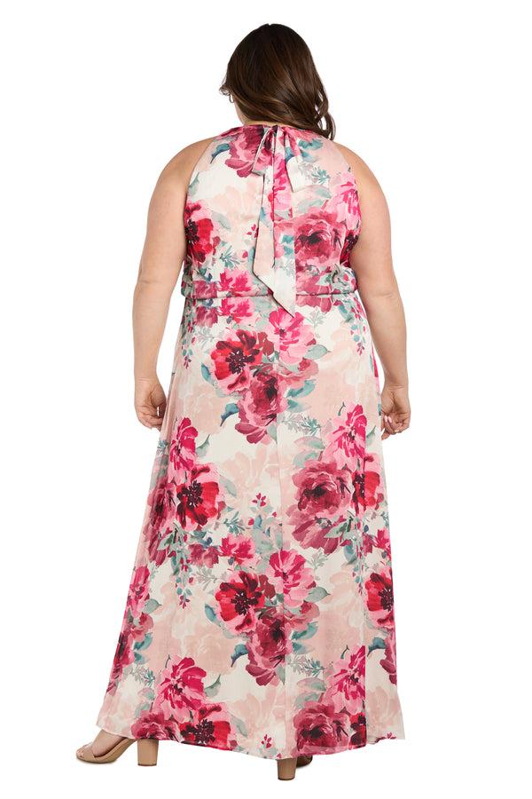 R&m Richards Cream Rose Floral High Halter Neck Long Dress With Elastic Waistband - Plus