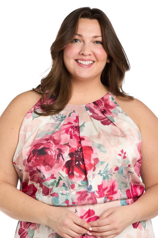 R&m Richards Cream Rose Floral High Halter Neck Long Dress With Elastic Waistband - Plus