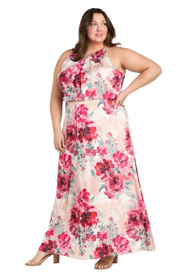 R&m Richards Cream Rose Floral High Halter Neck Long Dress With Elastic Waistband - Plus