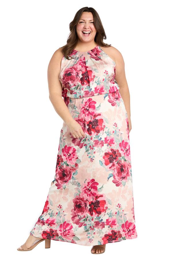 r&m richards Cream Rose Floral High Halter Neck Long Dress with Elastic Waistband - Plus