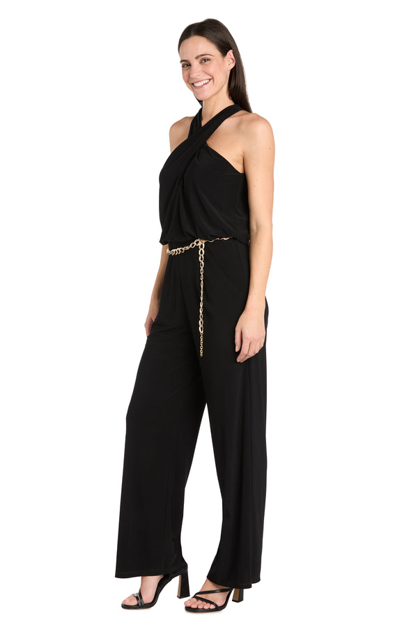 R&m Richards Criss-Cross Halter Jumpsuit With Gold Chain Belt