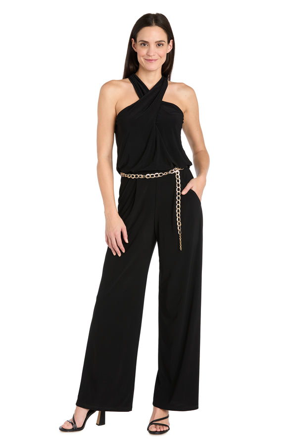 r&m richards Criss-Cross Halter Jumpsuit with Gold Chain Belt