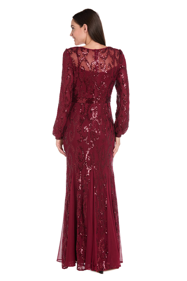 R&m Richards Delicately Embellished Long Sleeved Sequined Gown