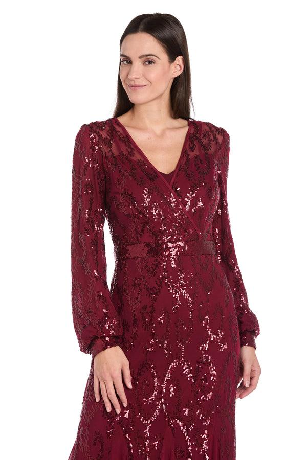 R&m Richards Delicately Embellished Long Sleeved Sequined Gown