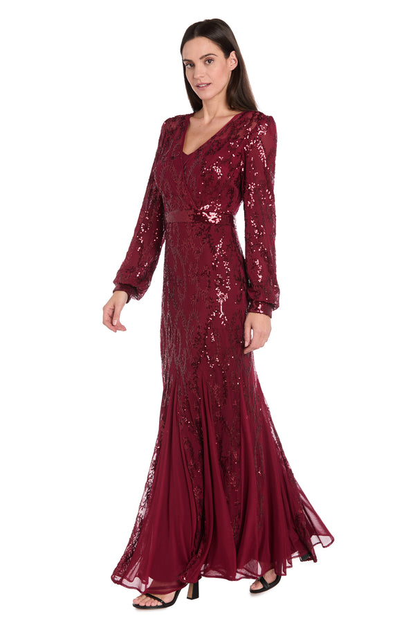 R&m Richards Delicately Embellished Long Sleeved Sequined Gown