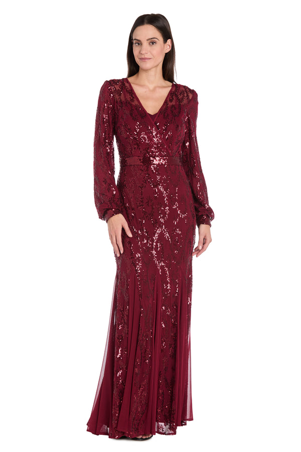 r&m richards Delicately Embellished Long Sleeved Sequined Gown