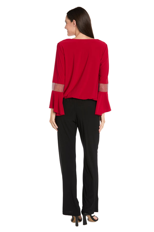 R&m Richards Draped Neck Top With Rhinestone Elbow Detail And Ruffled Bell Sleeves