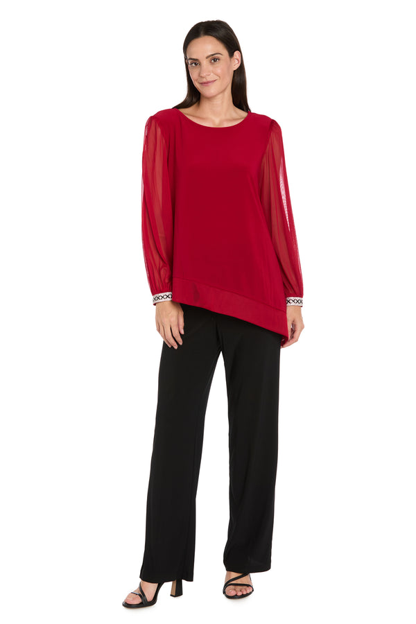 R&m Richards Draped Neck Top With Rhinestone Elbow Detail And Ruffled Bell Sleeves