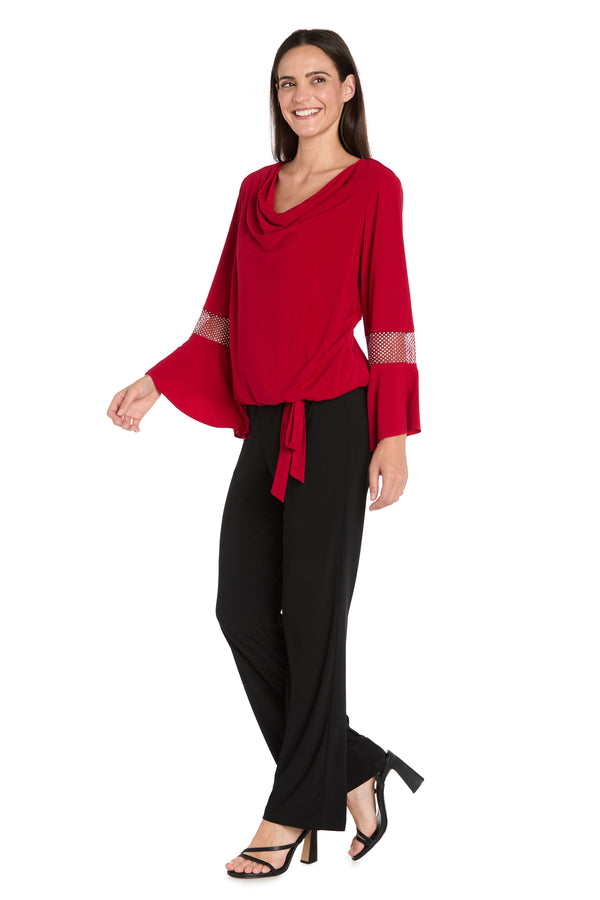 R&m Richards Draped Neck Top With Rhinestone Elbow Detail And Ruffled Bell Sleeves