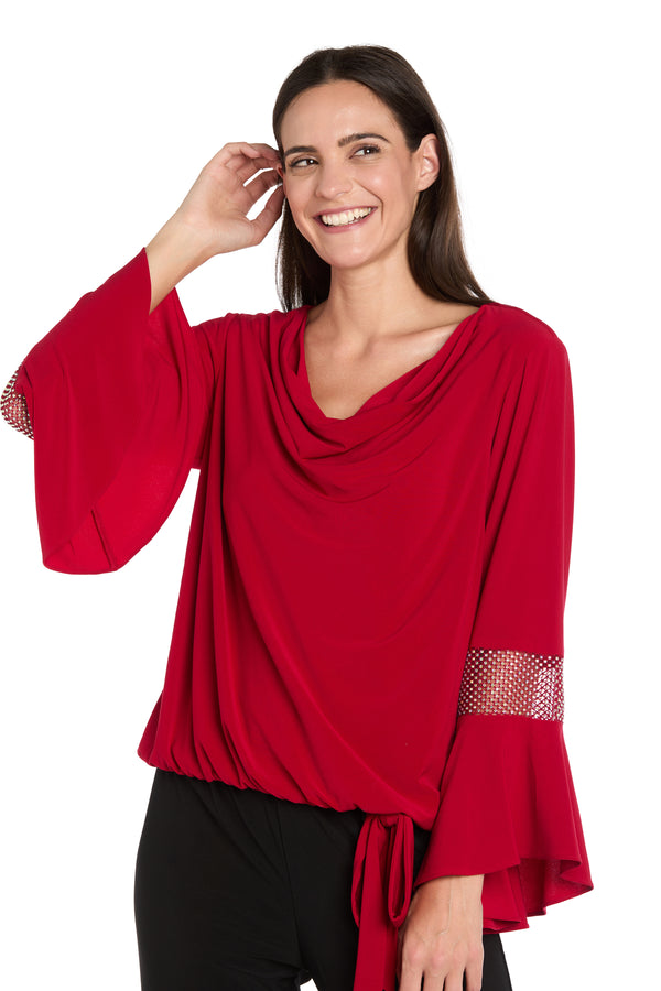 r&m richards Draped Neck Top with Rhinestone Elbow Detail and Ruffled Bell Sleeves