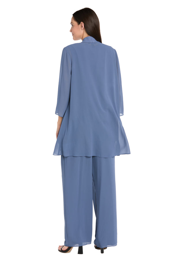 R&m Richards Elegant 3-Piece Chiffon Soufflé Pantsuit With Beaded Necklace Trim & Duster Jacket-Petite