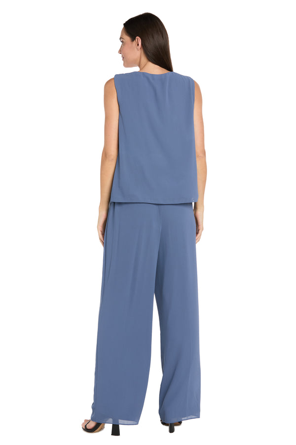 R&m Richards Elegant 3-Piece Chiffon Soufflé Pantsuit With Beaded Necklace Trim & Duster Jacket-Petite