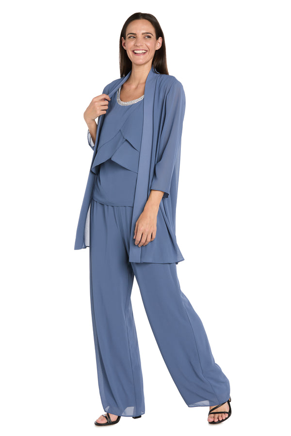 r&m richards Elegant 3-Piece Chiffon Soufflé Pantsuit with Beaded Necklace Trim & Duster Jacket-Petite