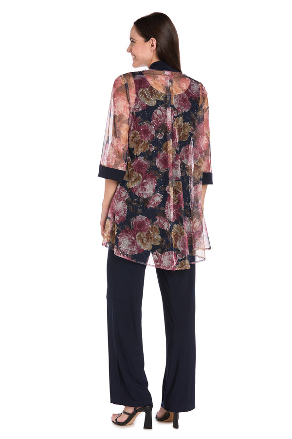 R&m Richards Elegant Black ITY Pant Set With Floral Sheer Jacket