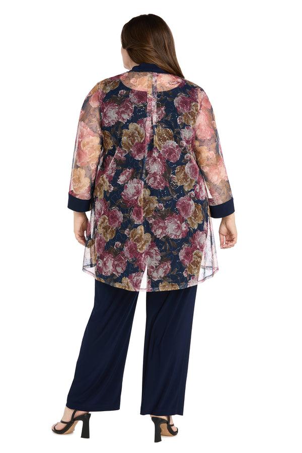 R&m Richards Elegant Black ITY Pant Set With Floral Sheer Jacket - Plus