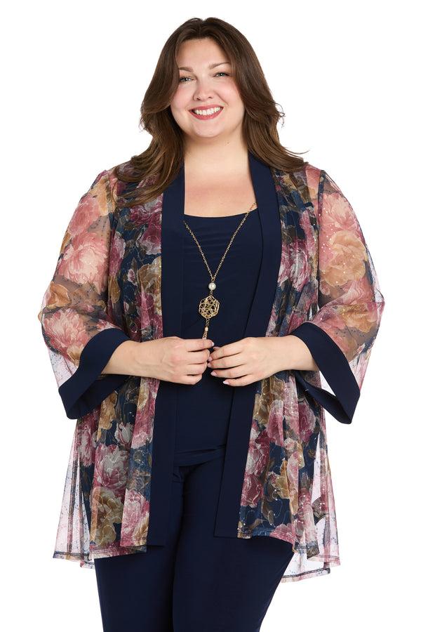 R&m Richards Elegant Black ITY Pant Set With Floral Sheer Jacket - Plus