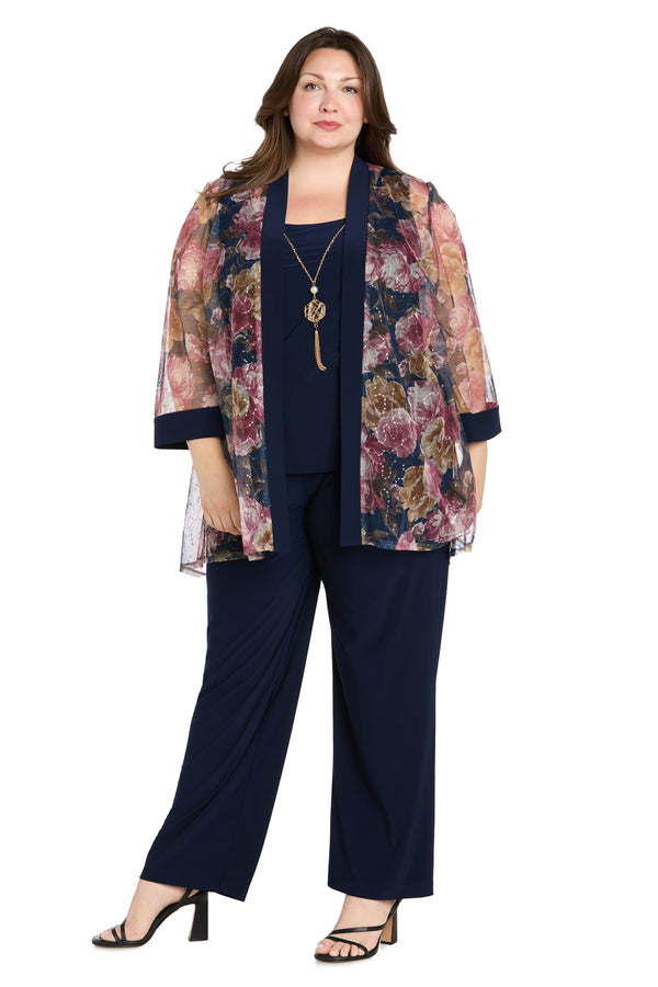 r&m richards Elegant Black ITY Pant Set with Floral Sheer Jacket - Plus