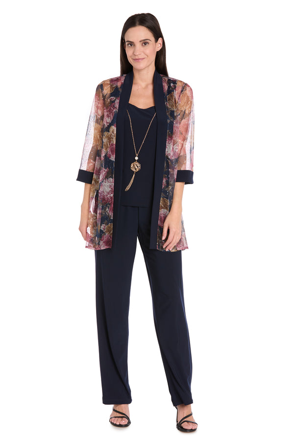 r&m richards Elegant Black ITY Pant Set with Floral Sheer Jacket
