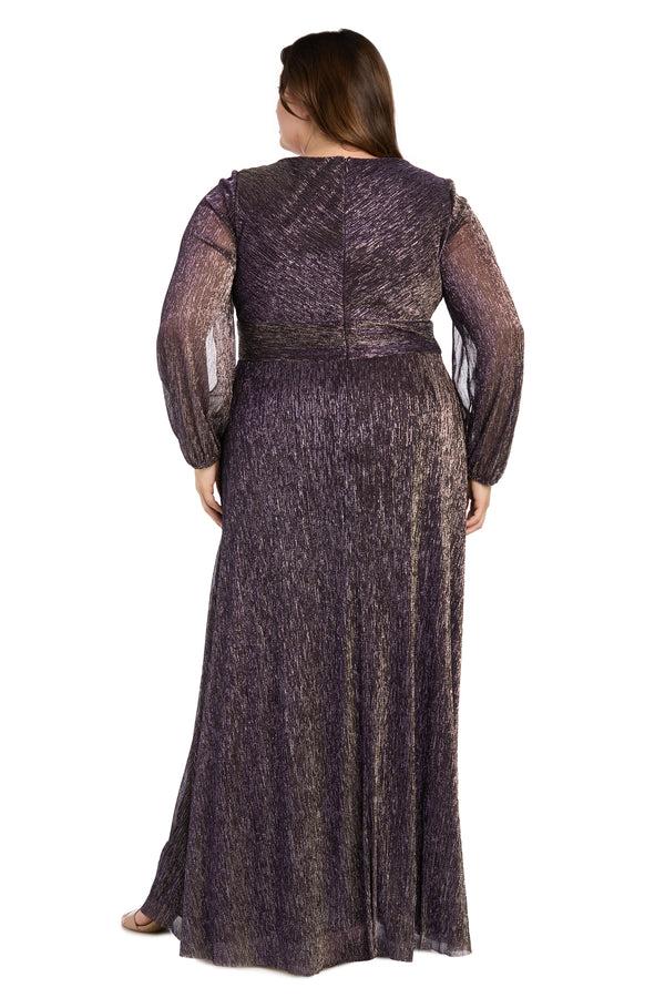 R&m Richards Elegant Metallic Long Dress With Rhinestone Detail And V-Neckline - Plus
