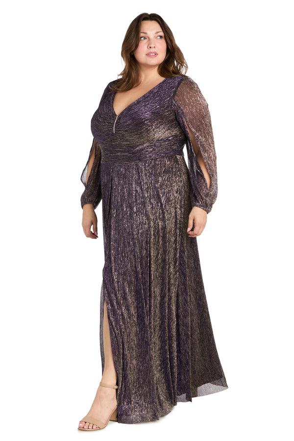R&m Richards Elegant Metallic Long Dress With Rhinestone Detail And V-Neckline - Plus
