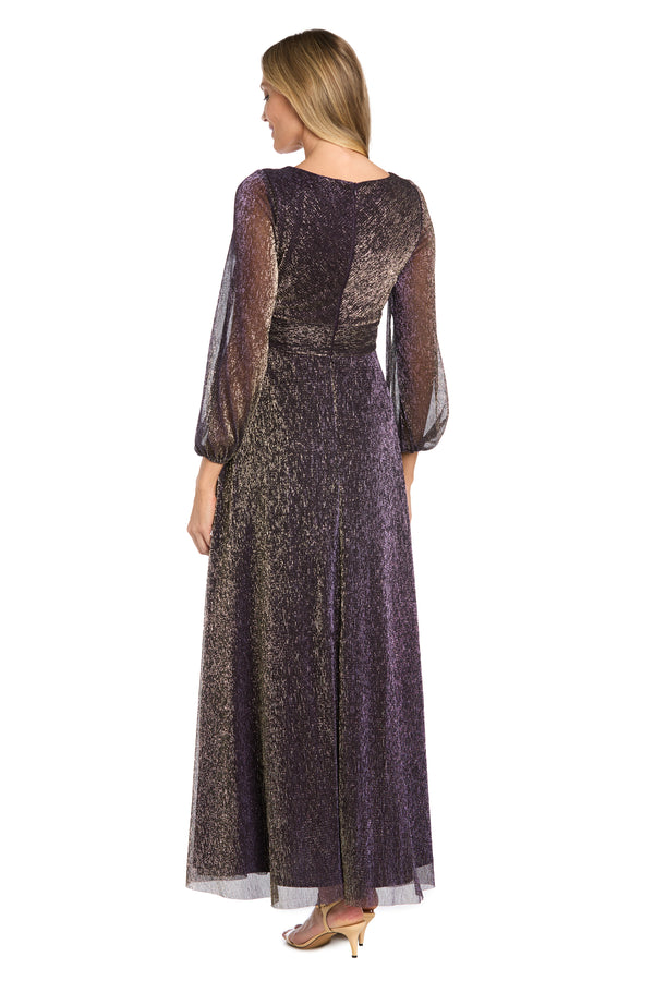 R&m Richards Elegant Metallic Long Dress With Rhinestone Detail And V-Neckline