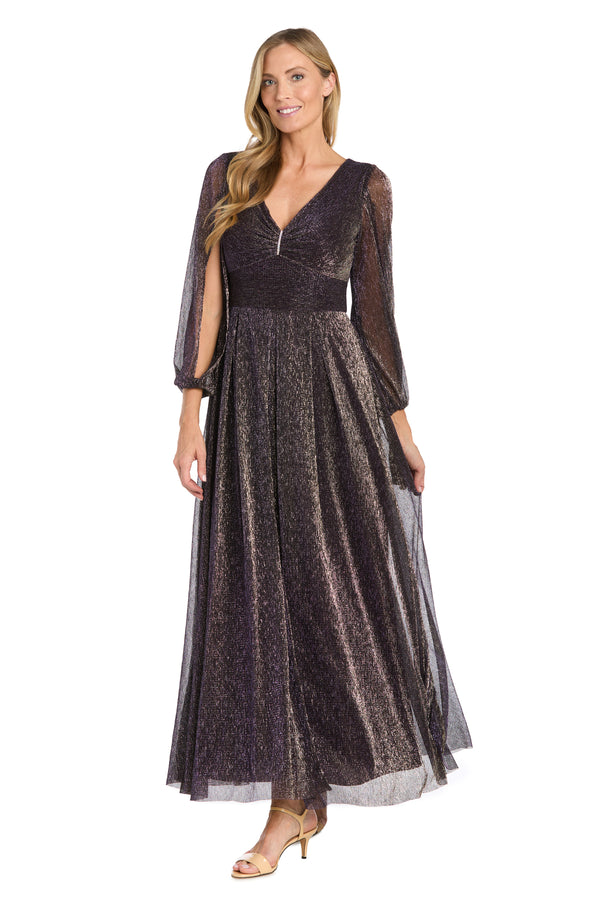 R&m Richards Elegant Metallic Long Dress With Rhinestone Detail And V-Neckline