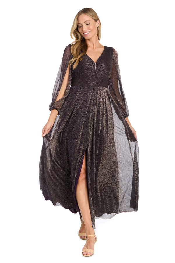 r&m richards Elegant Metallic Long Dress with Rhinestone Detail and V-Neckline
