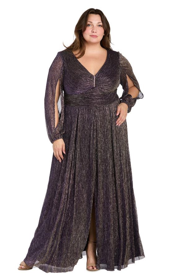 r&m richards Elegant Metallic Long Dress with Rhinestone Detail and V-Neckline - Plus