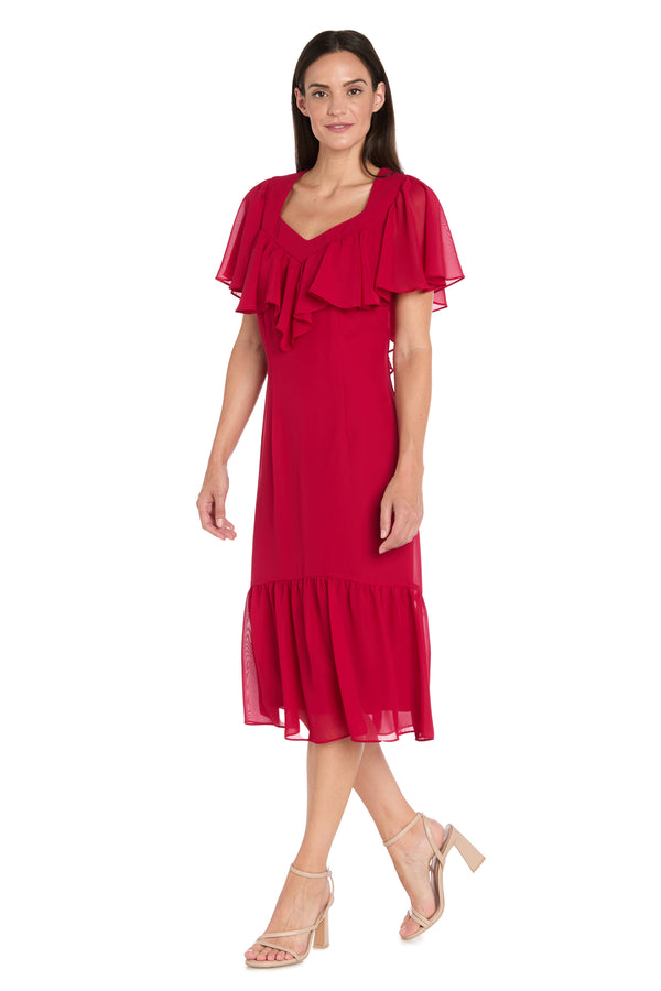 R&m Richards Elegant Midi Chiffon Dress With Ruffle Top And Chiffon Caplet