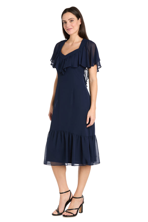 R&m Richards Elegant Midi Chiffon Dress With Ruffle Top And Chiffon Caplet - Petite