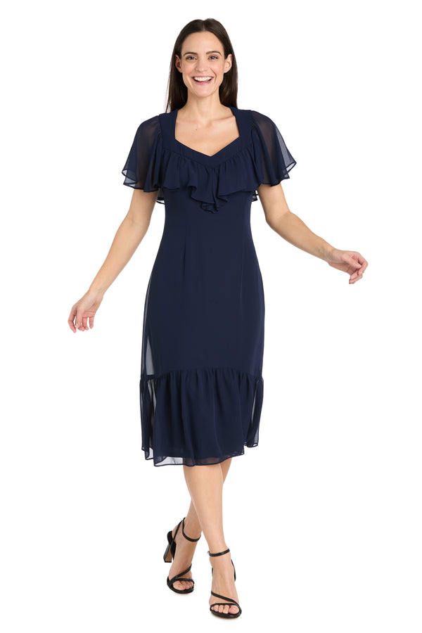 r&m richards Elegant Midi Chiffon Dress with Ruffle Top and Chiffon Caplet - Petite
