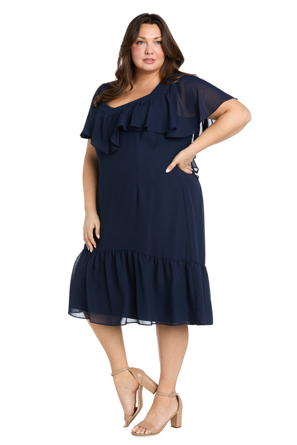 R&m Richards Elegant Midi Chiffon Dress With Ruffle Top And Chiffon Caplet - Plus