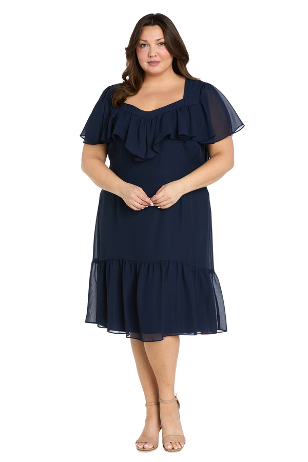 r&m richards Elegant Midi Chiffon Dress with Ruffle Top and Chiffon Caplet - Plus