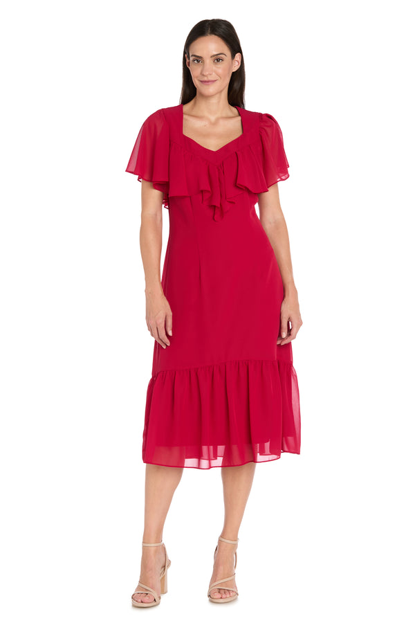 r&m richards Elegant Midi Chiffon Dress with Ruffle Top and Chiffon Caplet