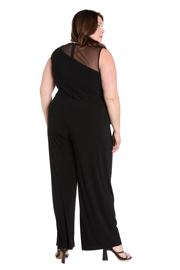 R&m Richards Embellished Black Jumpsuit With Floral Sequins And Sheer Chiffon Accent - Plus