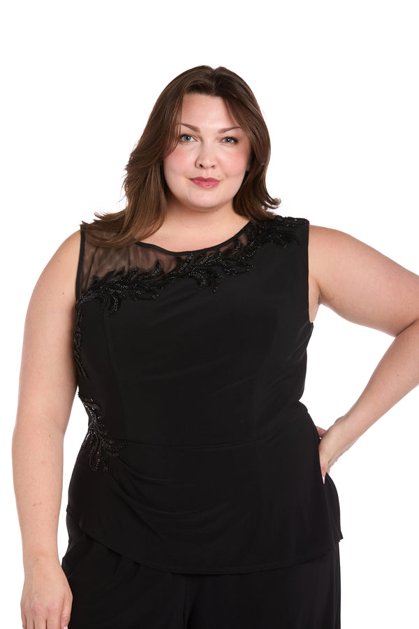 R&m Richards Embellished Black Jumpsuit With Floral Sequins And Sheer Chiffon Accent - Plus