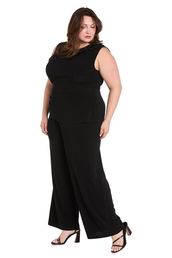 R&m Richards Embellished Black Jumpsuit With Floral Sequins And Sheer Chiffon Accent - Plus