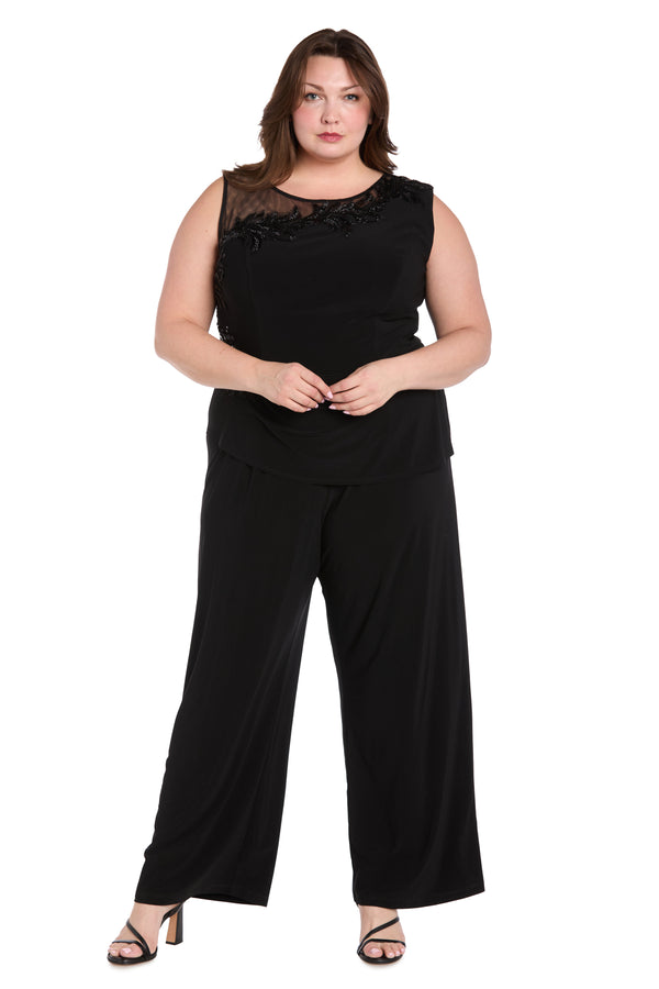 r&m richards Embellished Black Jumpsuit with Floral Sequins and Sheer Chiffon Accent - Plus