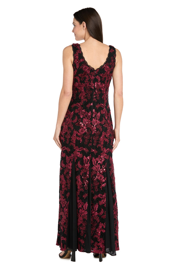 R&m Richards Embroidered Brocade V-Neck Gown With Chiffon Inserts & Lace Trim - Petite