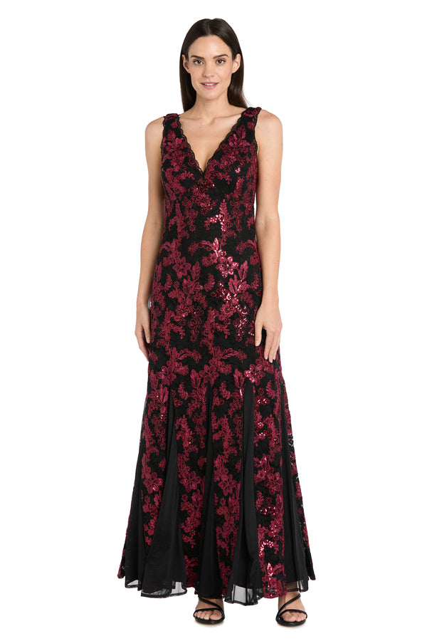 R&m Richards Embroidered Brocade V-Neck Gown With Chiffon Inserts & Lace Trim - Petite